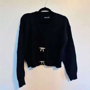 SHEIN black ribbed cardigan cropped with jeweled bow buttons, missing some jewel